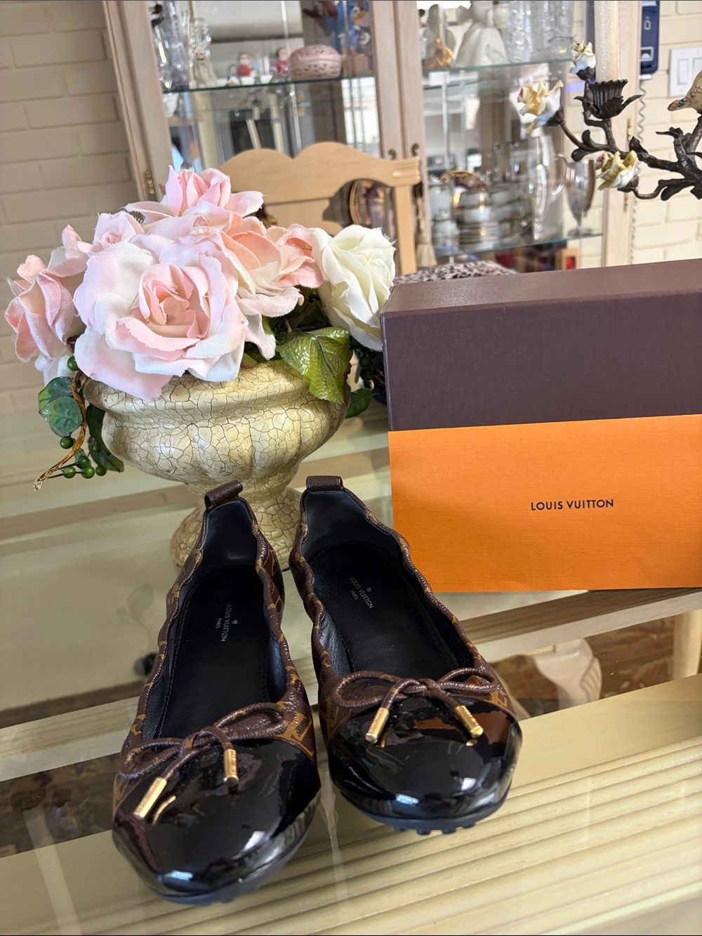 Louis Vuitton Brown Monogram Patent Leather Ballet Flats with Gold Accents